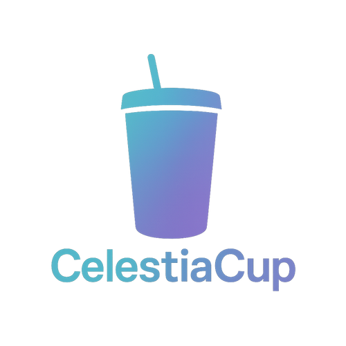 Gradient blue cup icon with 'CelestiaCup' text on a white background
