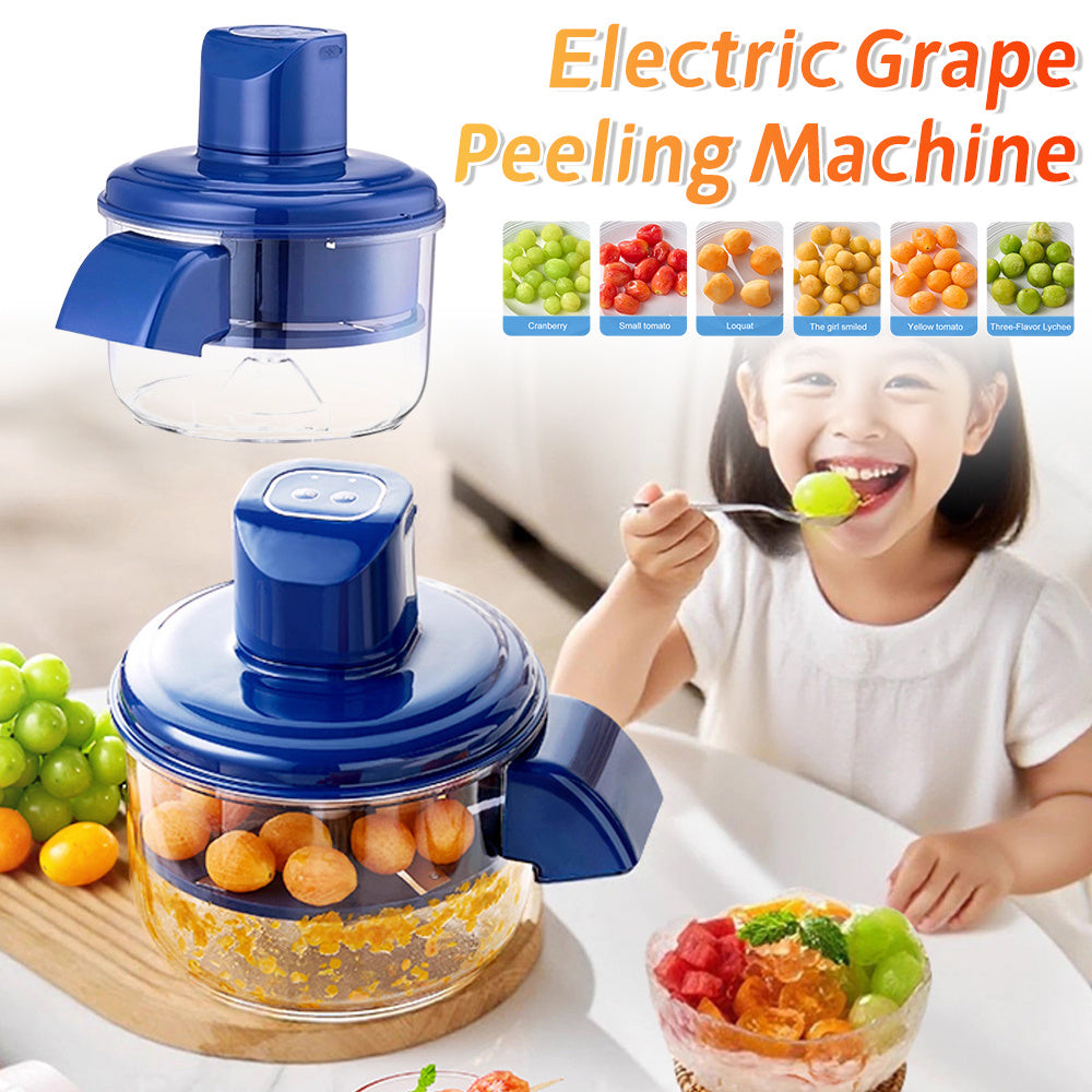 Electric grape peeling machine with fruits and a child eating fruit salad.