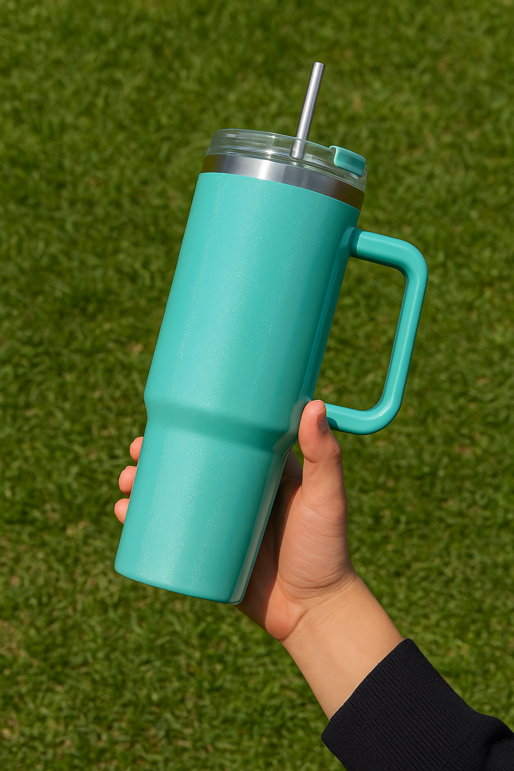 Turquoise insulated tumbler with handle held against a grassy background