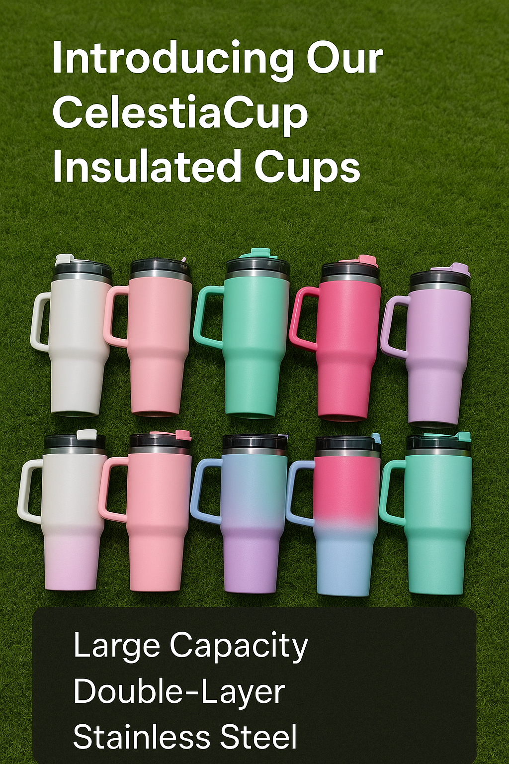 Set of CelestiaCup insulated cups in various colors on a green background